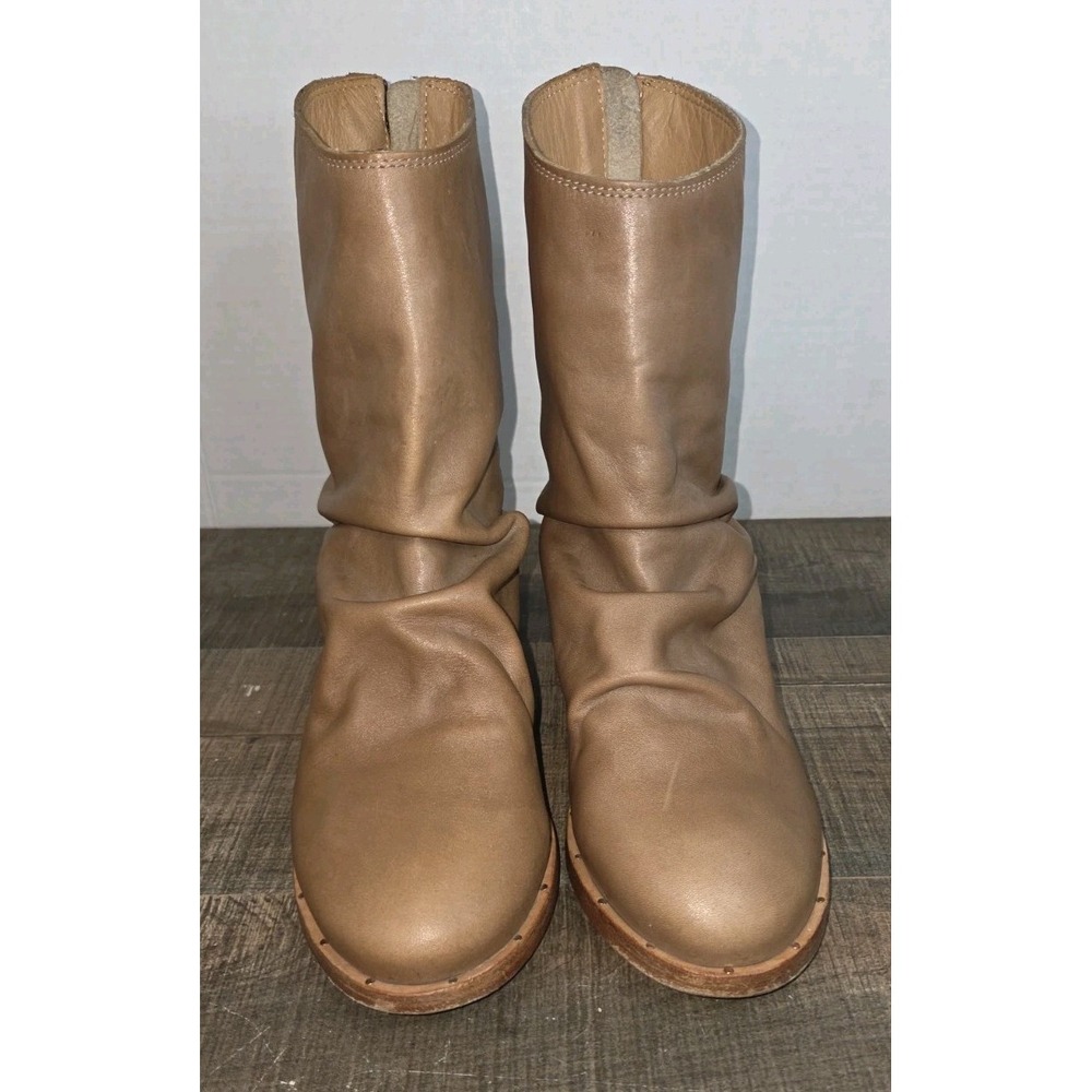 Beek Ostrich Mid Calf Boots Womens 6 Saddle Tan Leather Slouch Block Heel - Picture 3 of 12